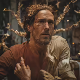 a man with long hair sitting at a table with a candle on it