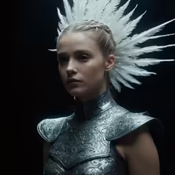 a woman in armor with spikes on her head