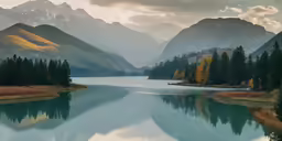 a scenic view of a mountain lake and surrounding mountains