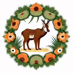a deer that is standing in a wreath,the deer is in a wreath of flowers,a deer surrounded by floral wreaths, with the words happy holidays in front of it,a picture of an animal and flowers in the shape of a circle,a deer standing next to a wreath full of flowers