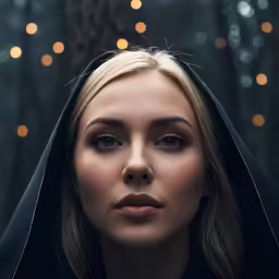 a woman dressed in a dark hoodie and with glowing lights behind her