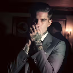 a man with arm tattoos on his hand and finger near the mouth,a man in a suit standing with his hands crossed in prayer