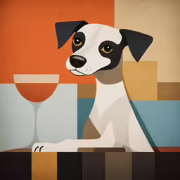 a white and black dog is sitting in front of a glass
