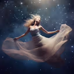 a beautiful woman holding onto some very long fabric,the girl is jumping into the air holding her dress
