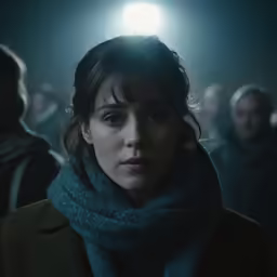 woman in scarf and collar standing under a light