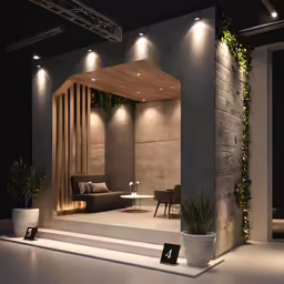 the entrance to a modern home with stone walls and lights