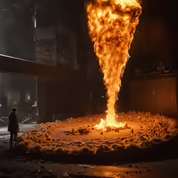 an open fire pit that is lit by two people