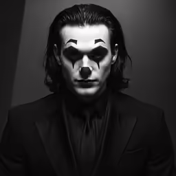 a man wearing a clown makeup and looking into the camera