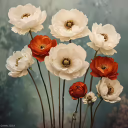 four white flowers with orange centers are in a vase