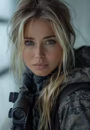 a woman in army gear and camouflage holding a camera,a beautiful blond woman wearing a black military jacket
