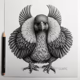 a black and white drawing of a bird with wings spread