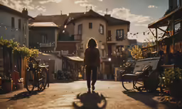 a woman walking in a market street during the day
