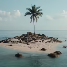 a palm tree sits on an island in the middle of the ocean