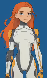 an animated cartoon figure wearing white and orange armor