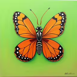 a monarch butterfly painting is pictured on the wall,a painted orange butterfly on green background