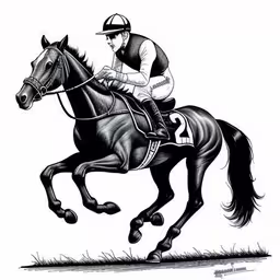 the jockey is on his horse racing,a black and white drawing of a jockey on a horse