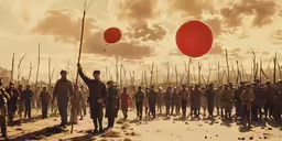 a group of people standing on top of a desert