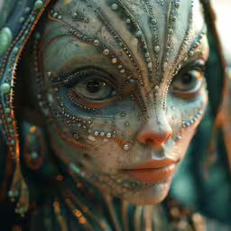 an artistic face painting with drops and circles of paint,a woman with face art make - up made up of crystals