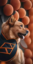 the dog is wearing an orange and black jacket