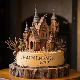 the cake is decorated with brown frosting