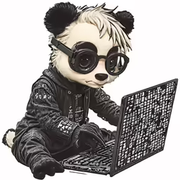 a stuffed panda bear wearing glasses is typing on a laptop