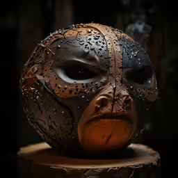 this is a wooden sculpture with a face on it