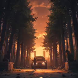 a person is walking towards a car on a road in the woods