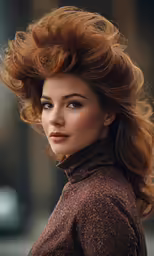 the beautiful redhead woman with curly hair is posing for a photo