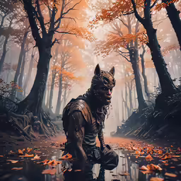 a creature is crouching in the woods and wearing headgear
