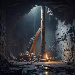 a dimly lit cave with an open hole