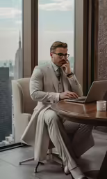 a man wearing a suite sitting at a desk with his laptop