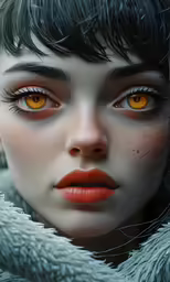 a woman with orange eyes is wearing fur