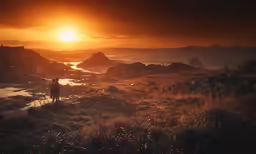 some people walking up a hill and a very beautiful sunset