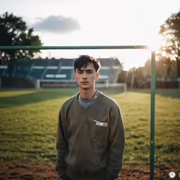 a man standing by a soccer field with the sun behind him