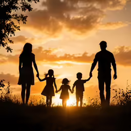 the family is walking in a field with the sun setting