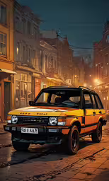 an old yellow car parked on the side of the road,a car that is parked in the rain