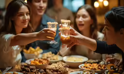 people sitting at a table with food and champagne glasses