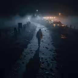 a man walking down a dark street at night