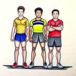 three boys in matching sports jerseys in front of a white wall,a group of men standing next to each other