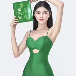 a girl in a green bra with an asian - style package,a woman in a green dress holding up a box