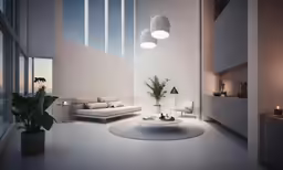 a white living room with white furniture, a plant and some windows