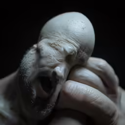a bald man is holding the nose of his baby