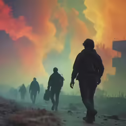 three people walk together through an industrial landscape