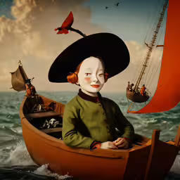 a painting that shows a little girl in a boat,a painting of a child with a white mask in a boat