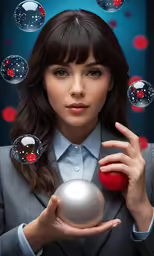 a woman wearing a suit holds a white ball in front of her face with bubble shapes over her