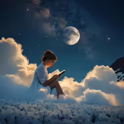 a woman sitting on top of cloud reading a book