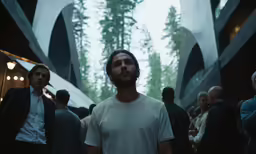 a group of men with long hair walking in a forest