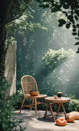 a view of a wooden table and chairs in the sun