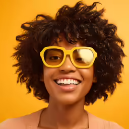 a woman wearing glasses looks happy while looking up