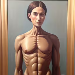 a realistic portrait of a man with muscular torso,a painting that has a woman torso in it